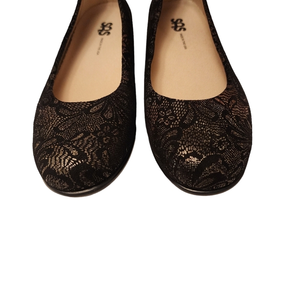 SAS Scenic Flats Black Suede Metallic Lace Print 6.5 Slim - Picture 4 of 11